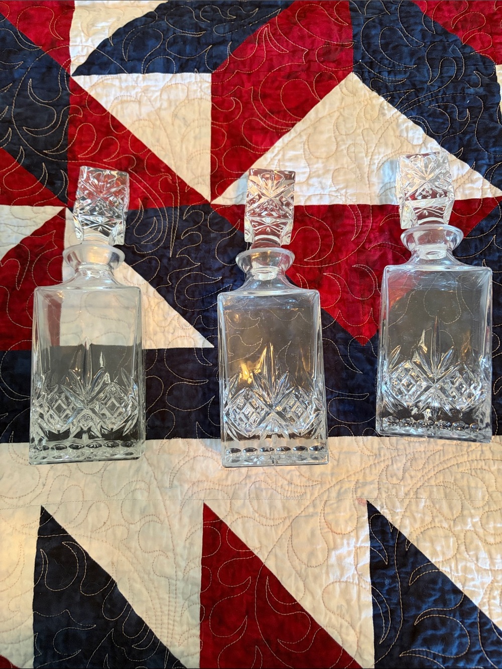 Set of 3 Cut Glass Square Decanters - Clear Crystal Look